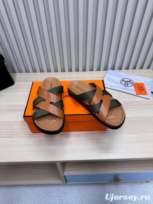 2025 Slippers Hermès Brown Green Leather Fabric Slippers