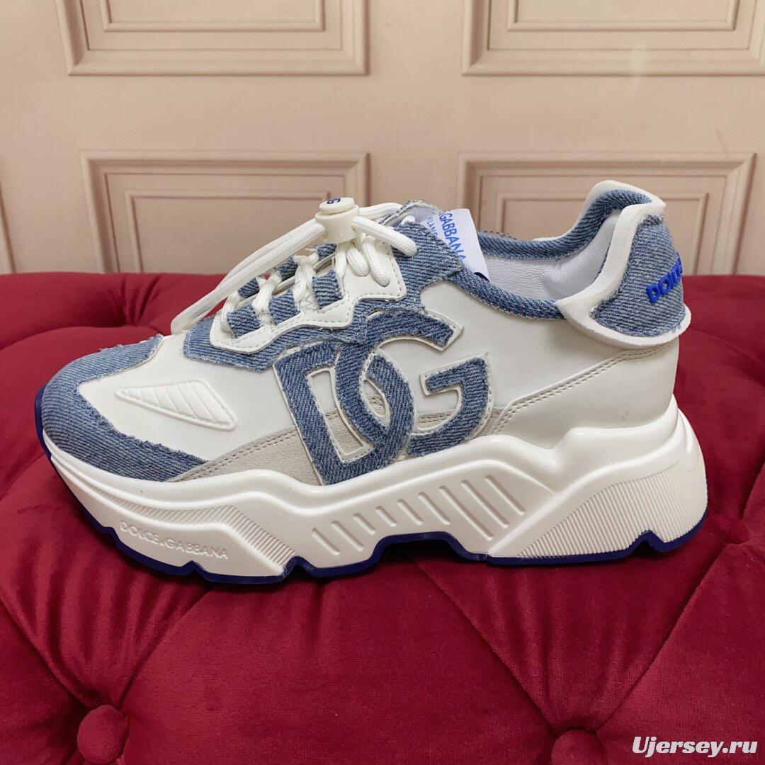 2025 Unisex Dolce & Gabbana White Blue Silk Leather Sneakers Exclusive Craft LY00330(F)/LY00340(M)
