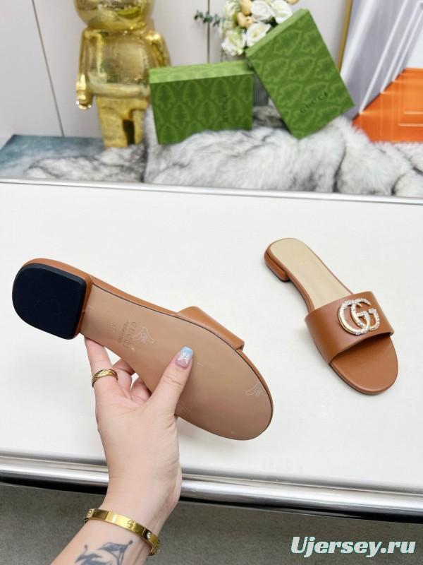 2025 Gucci Camel Leather Slippers GG Buckle MJ00190/225