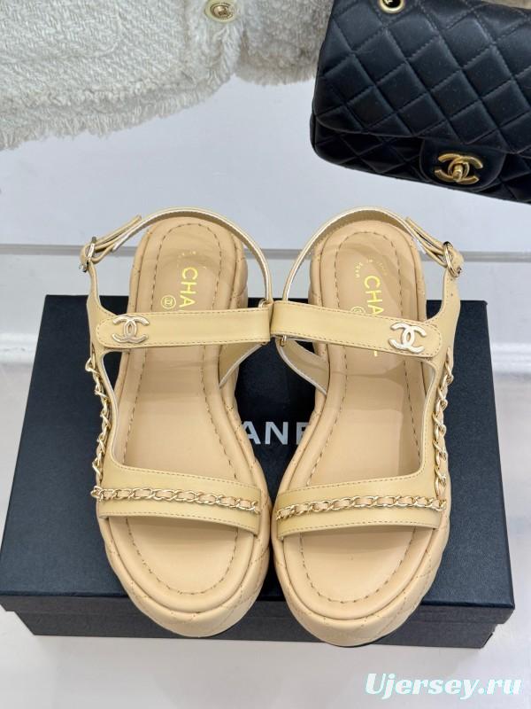 2025 Women Chanel Beige Leather Platform Sandals Chain KFY00270