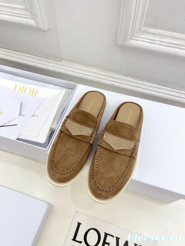 2025 Women Dior Brown Suede Mule Loafers Casual Handmade Slip-on LY00360(F)