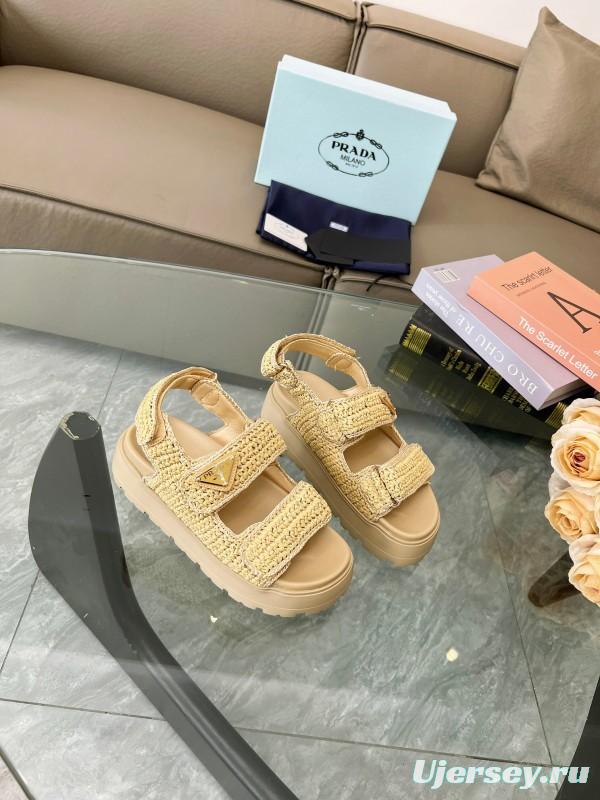 2025 Women Prada Beige Braided Leather Platform Sandals LY00300
