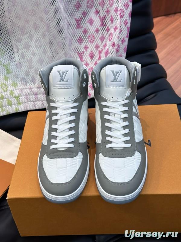 2024 Men Louis Vuitton White Grey Leather Canvas High Top Classic Sneakers MJ00420