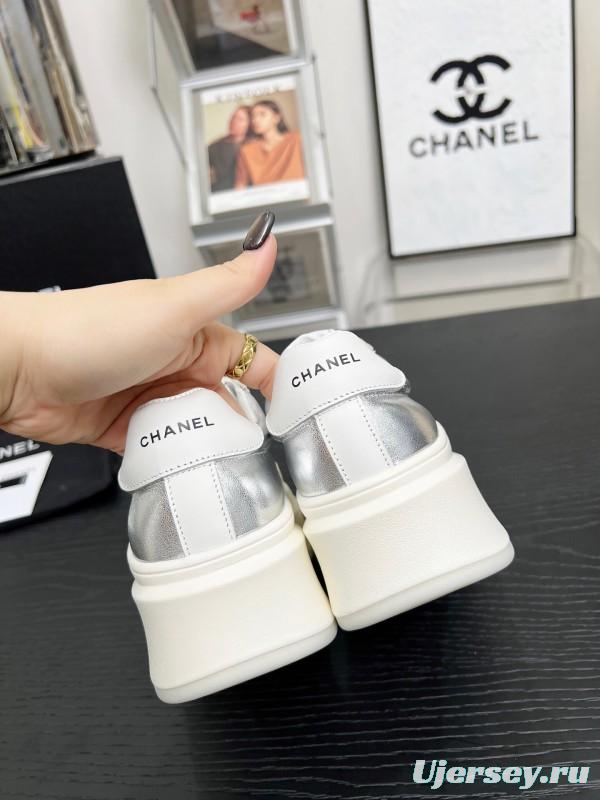 2025 Women Chanel White Silver Leather Suede Sneakers