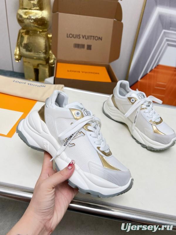 2025 Women Louis Vuitton White Gold Leather Mesh Sneakers LY00340