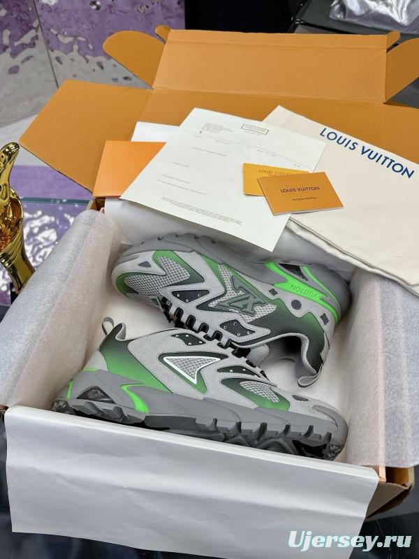 2025 Men Louis Vuitton Green Grey Mesh Leather Sneakers MJ00420