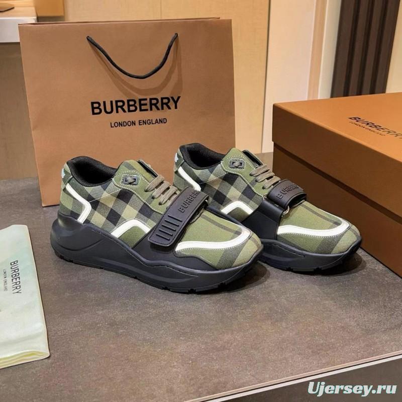 2025 Unisex Burberry Green Black Cotton Calfskin Suede Sneakers MJ00360(W)