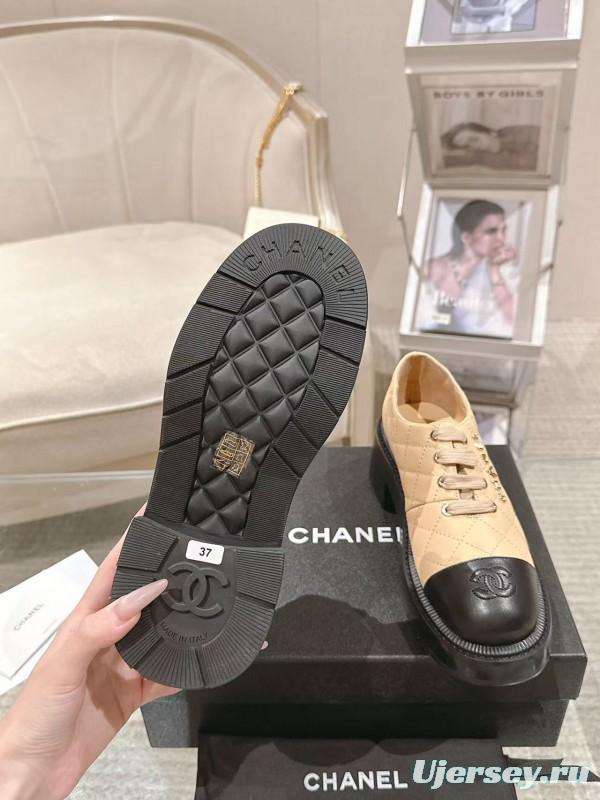 2025 Women Chanel Beige Black Leather Platform Oxford B2099