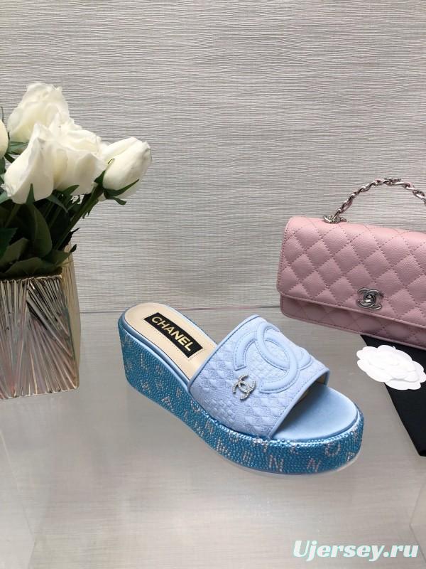 2025 Women Chanel Blue White Fabric Platform Slide Sandals LY00320