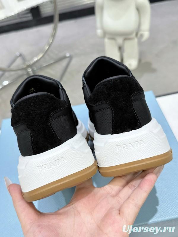 2025 Unisex Prada Black Leather Suede Sneakers KFY00310
