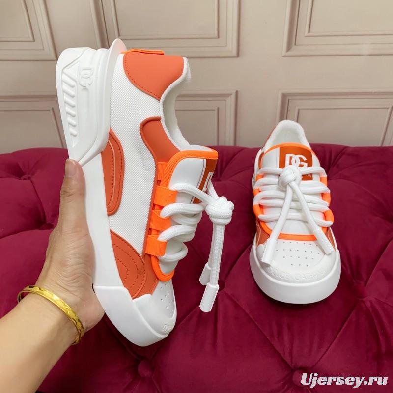 2025 Unisex Dolce & Gabbana Orange White Mesh Leather Sneakers