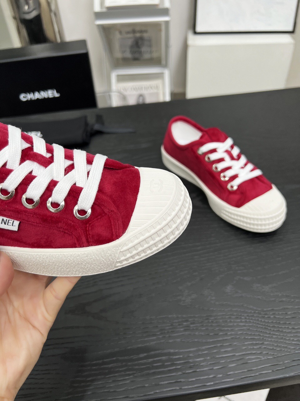 2025 Women Chanel Red Canvas Sneakers LY00230
