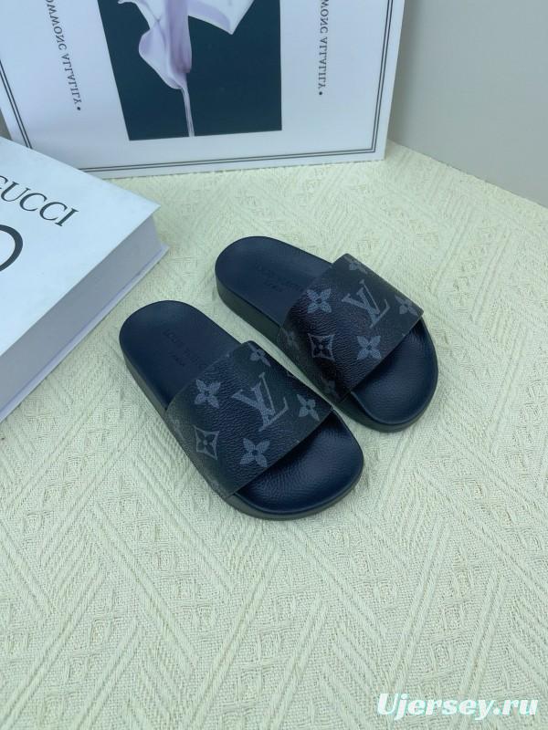 2025 Kids Louis Vuitton Brown Black Leather Slippers