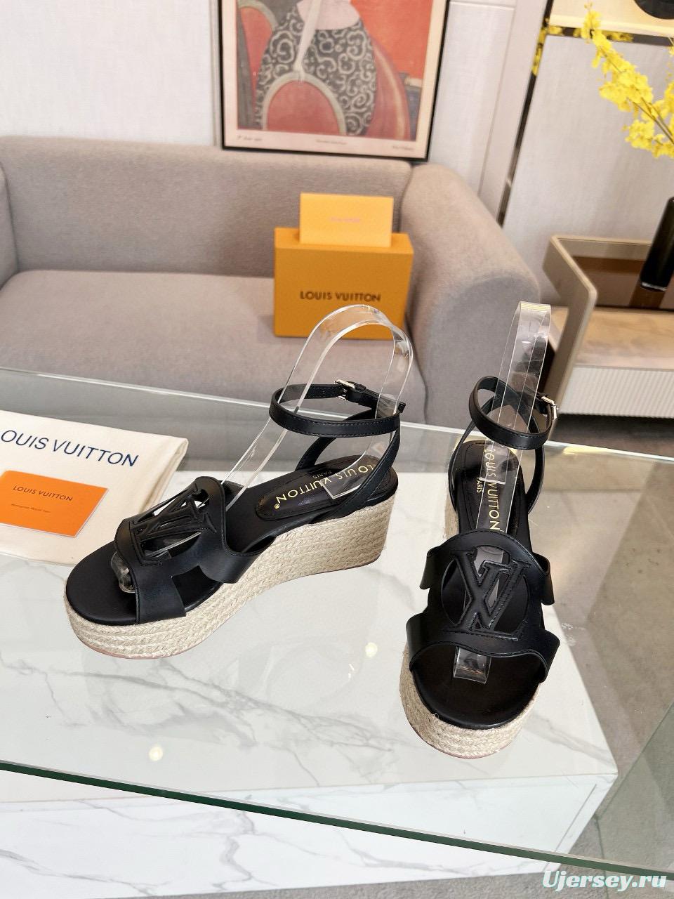 2025 Women Louis Vuitton Black Leather Espadrilles Sandals MJ00280