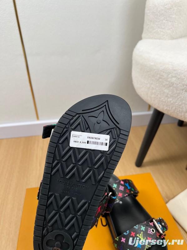 2025 Women Louis Vuitton Black Rainbow Canvas Slippers KFY00280