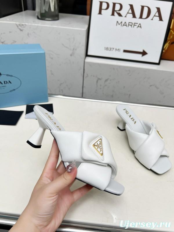 2025 Women Prada White Calf Leather Heeled Slide LY00270