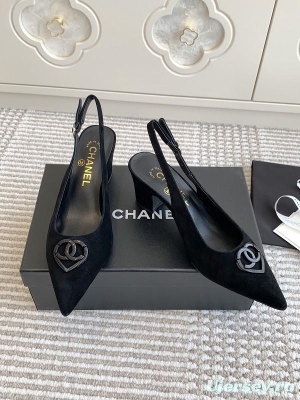 2025 Women Chanel Black Suede Slingback Heels CC Logo KFY00300