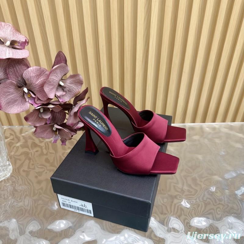 2025 Women Yves Saint Laurent Burgundy Satin High Heel Mules