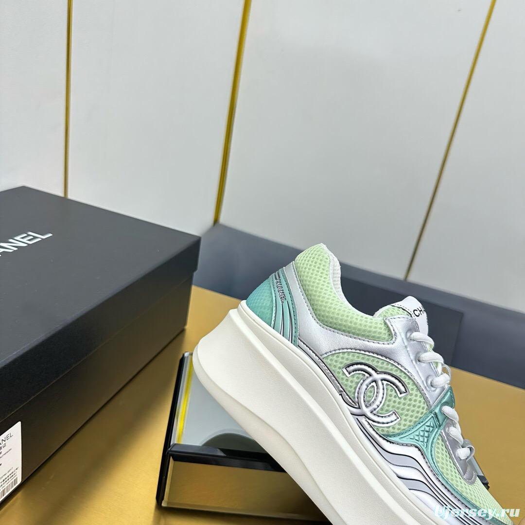 2025 Women Chanel Green Silver Mesh Leather Platform Sneakers