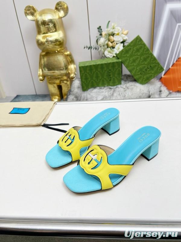 2025 Gucci Blue Yellow Leather Slippers