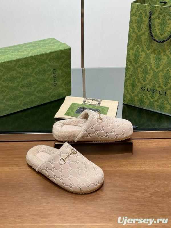 2024 Slippers Gucci Beige Shearling GG Embroidery