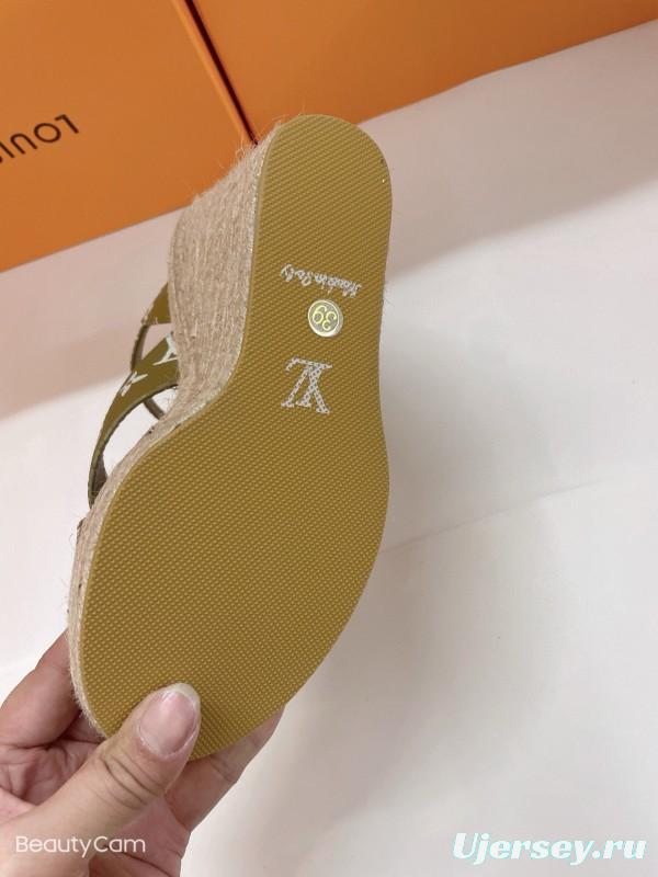 2025 Women Louis Vuitton Pink Beige Green Leather Denim Espadrilles Sandals MJ00280