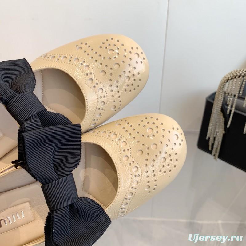 2025 Women Miu Miu Beige Black Leather Mary Jane Bow KFY00280
