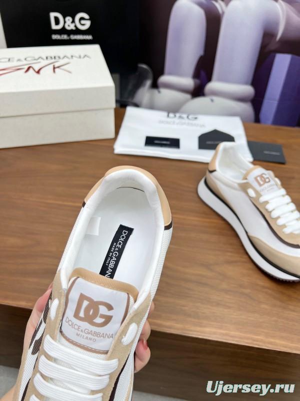 2025 Unisex Dolce & Gabbana White Beige Suede Mesh Sneakers LY00300