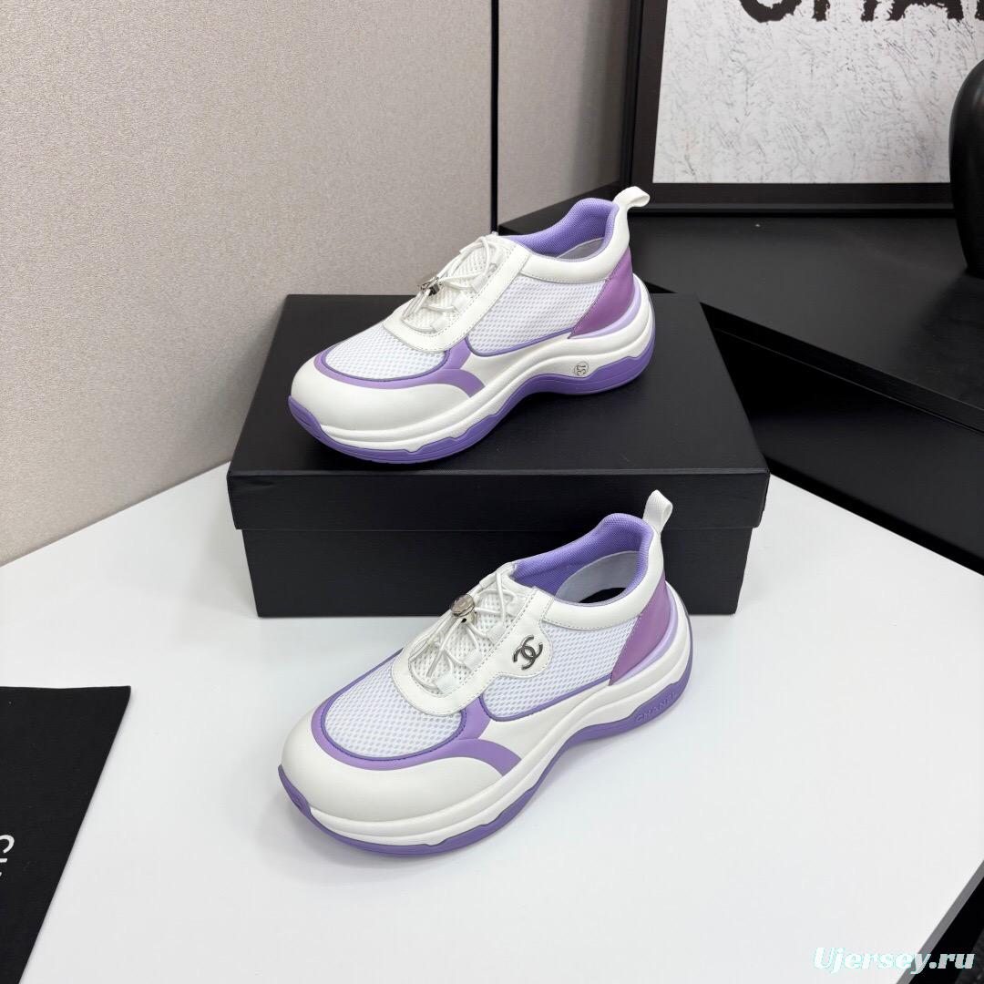 2025 Women Chanel White And Purple Leather And Mesh Casual Sneakers Chunky Sole Classic Logo LY00360(F)