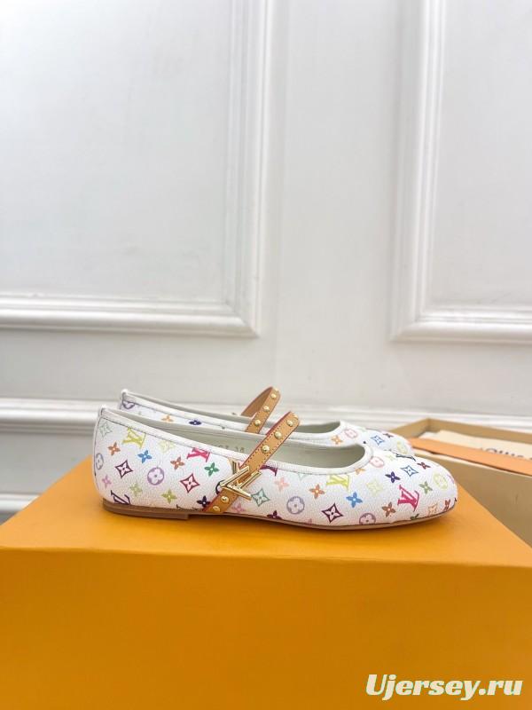 2025 Women Louis Vuitton White Multicolor Leather Ballet Flats KFY00300