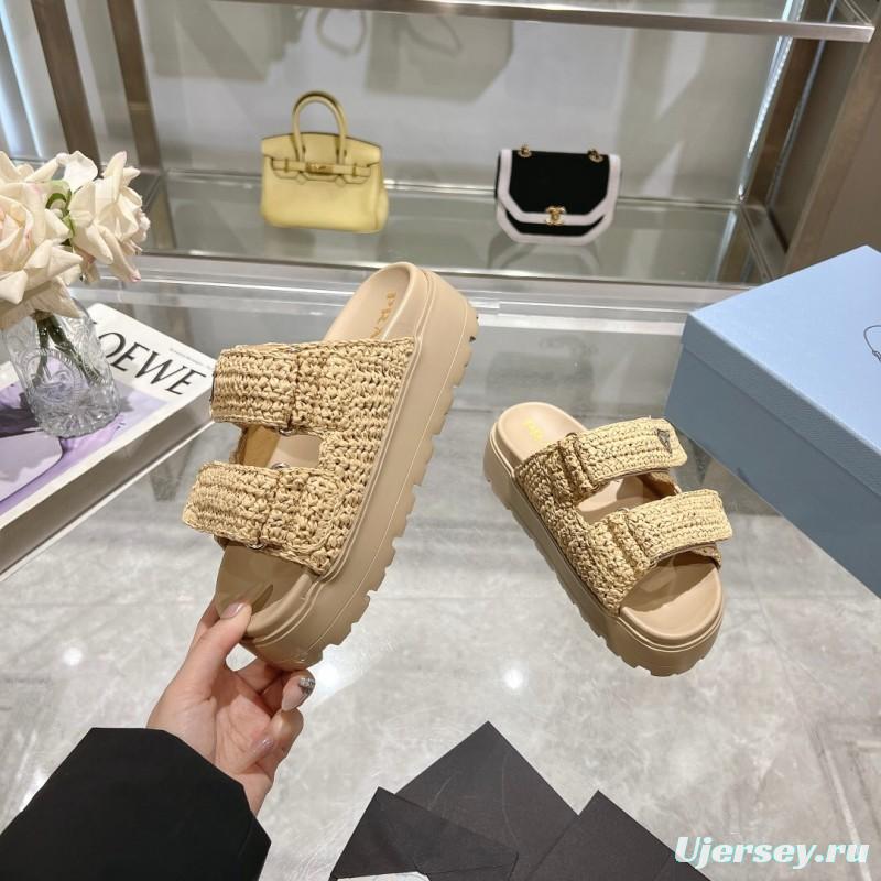 2025 Women Prada Beige Woven Leather Slippers LY