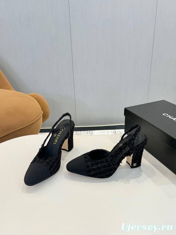 2025 Women Chanel Black Fabric Leather Slingback Heels