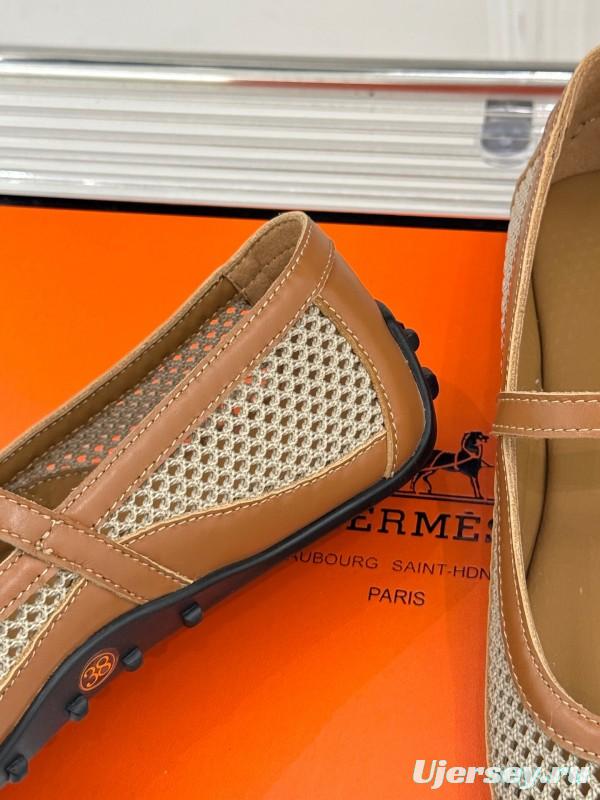 2025 Women Hermès Beige Mesh Leather Mary Jane