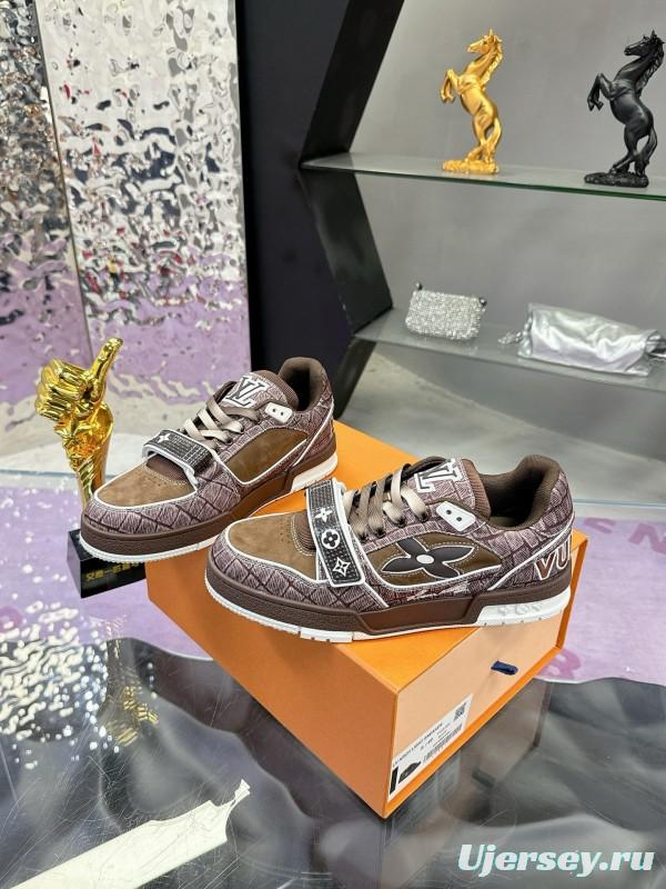 2024 Unisex Louis Vuitton Brown Silk Leather Denim Plimsolls Magic Tape MJ00410