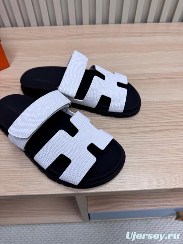 2025 Women Hermès White Black Leather Slippers