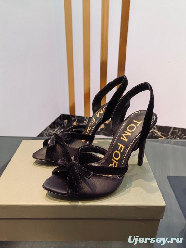 2025 Women TOM FORD Black Velvet High Heel Slingback Bow KFY00300