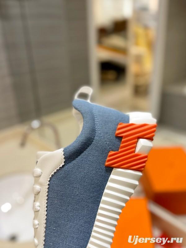 2024 Unisex Hermès Blue White Imported Silk Lambskin Casual Sneakers MJ00320