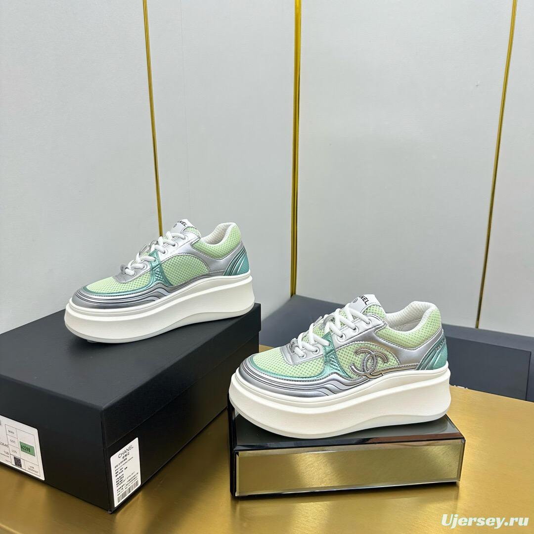 2025 Women Chanel Green Silver Mesh Leather Platform Sneakers
