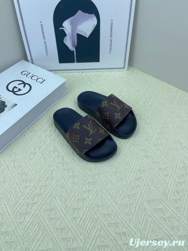 2025 Kids Louis Vuitton Brown Black Leather Slippers