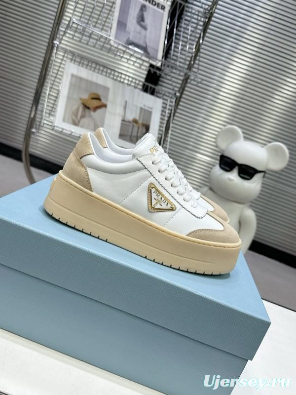 2025 Women Prada White Beige Leather Suede Sneakers