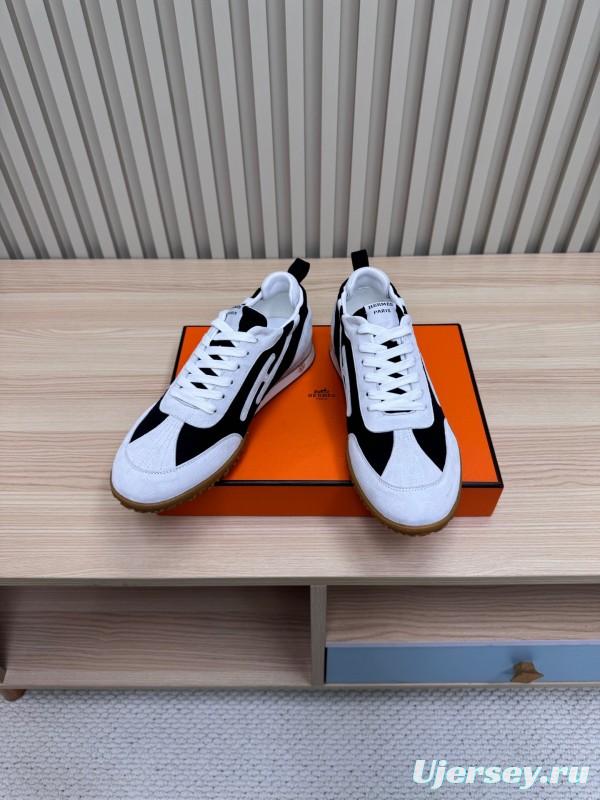 2025 Unisex Hermès White Black Suede Goat Leather Sneakers Top Version KFY00300