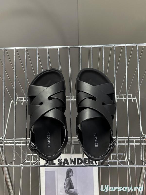 2025 Women Hermès Black Leather Sandals
