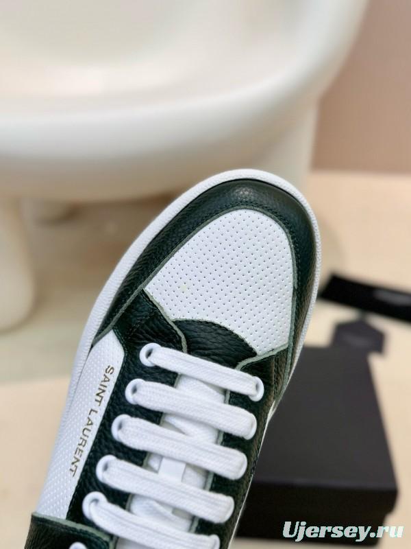 2024 Unisex Yves Saint Laurent White Dark Green Leather Silk Cowhide SL61 Casual Shoes Perforation MJ00350