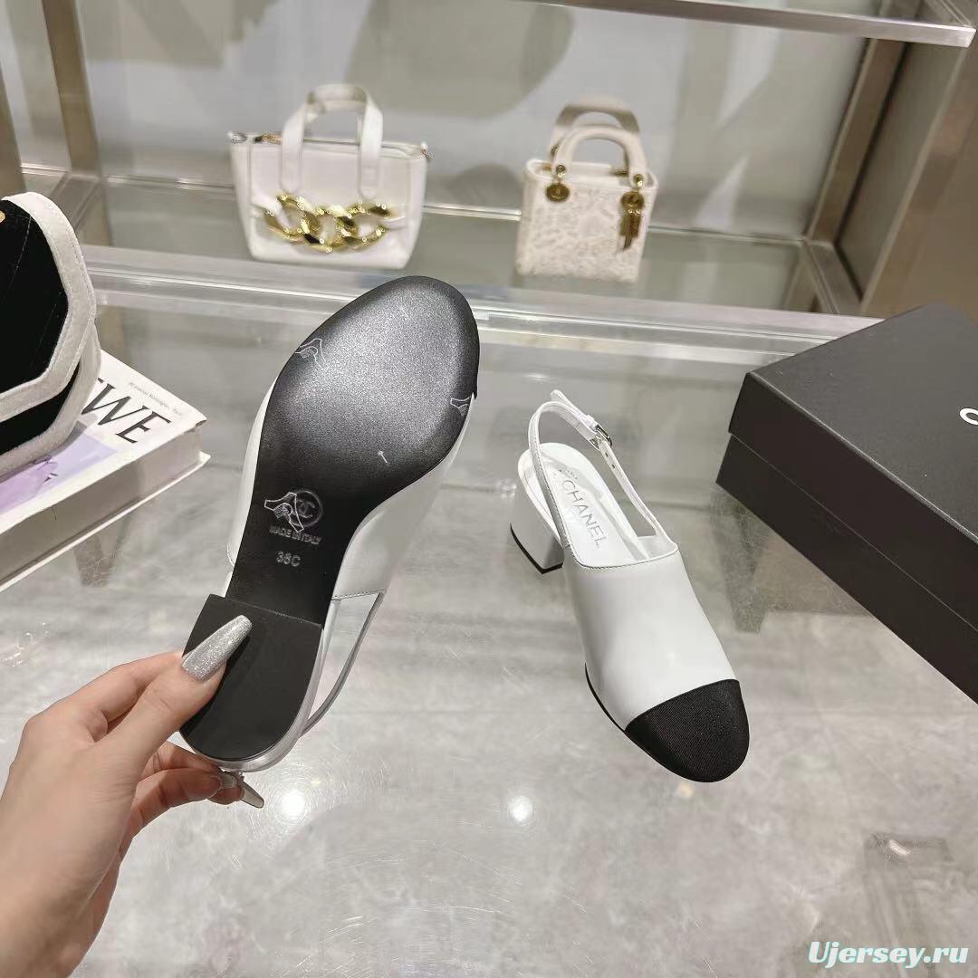 2025 Women Chanel White Black Leather Slingback Sandal LY00300