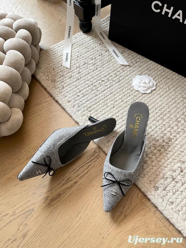 2025 Women Chanel Grey Fabric Pointed Toe Mules KFY00290