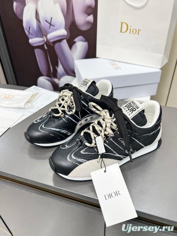 2025 Women Dior Black White Leather Sneakers Handwritten Logo KFY00290