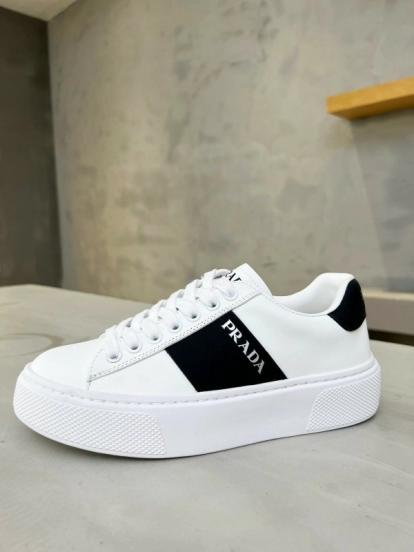 2024 Unisex Prada White Black Silk Calfskin Leather Sneakers MJ00310