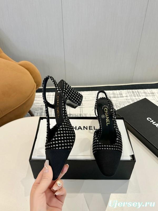 2025 Women Chanel Black White Fabric Slingback Heels LY00240