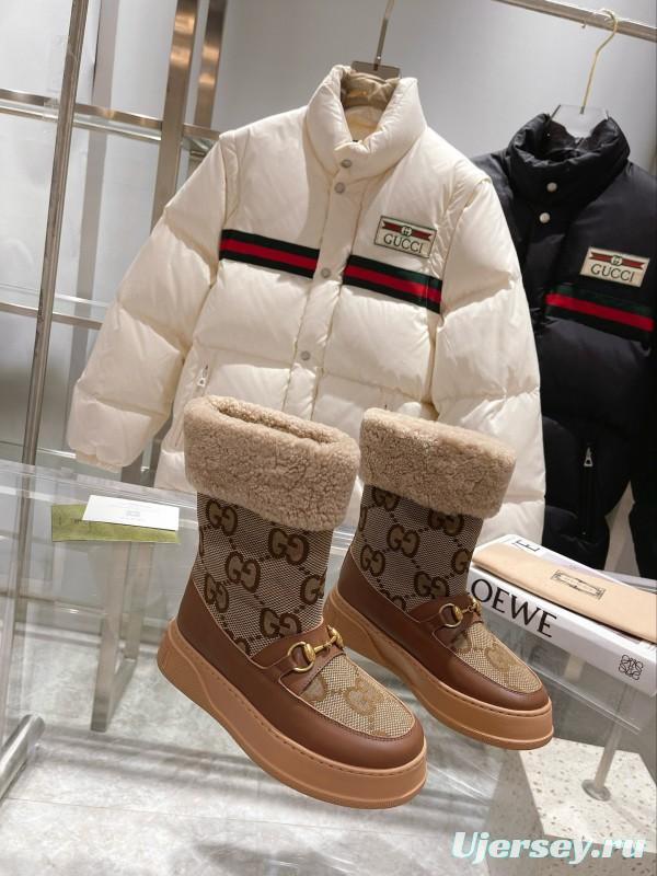 2024 Women Gucci brown leather sheep wool snow boots MJ00420