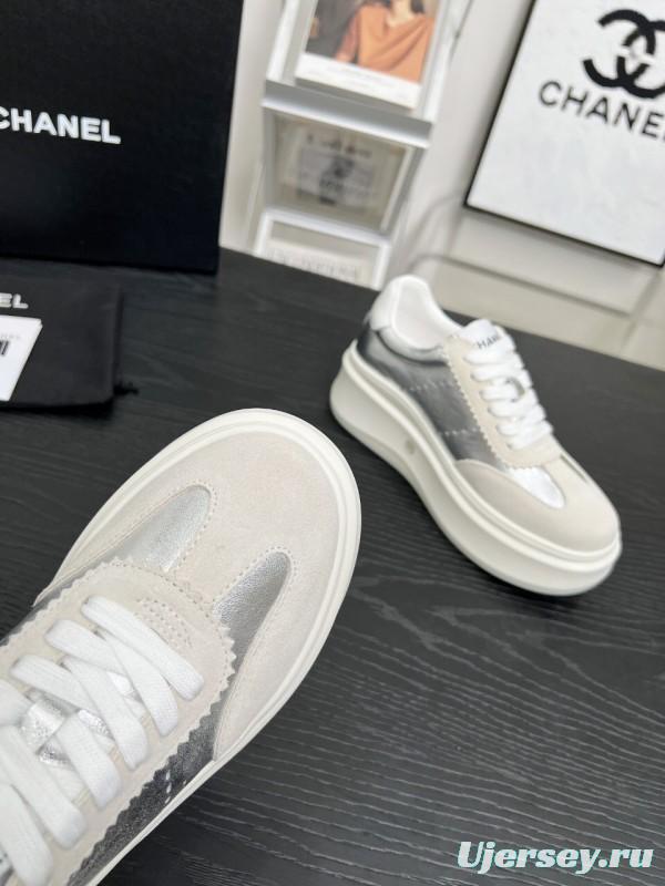 2025 Women Chanel White Silver Leather Suede Sneakers